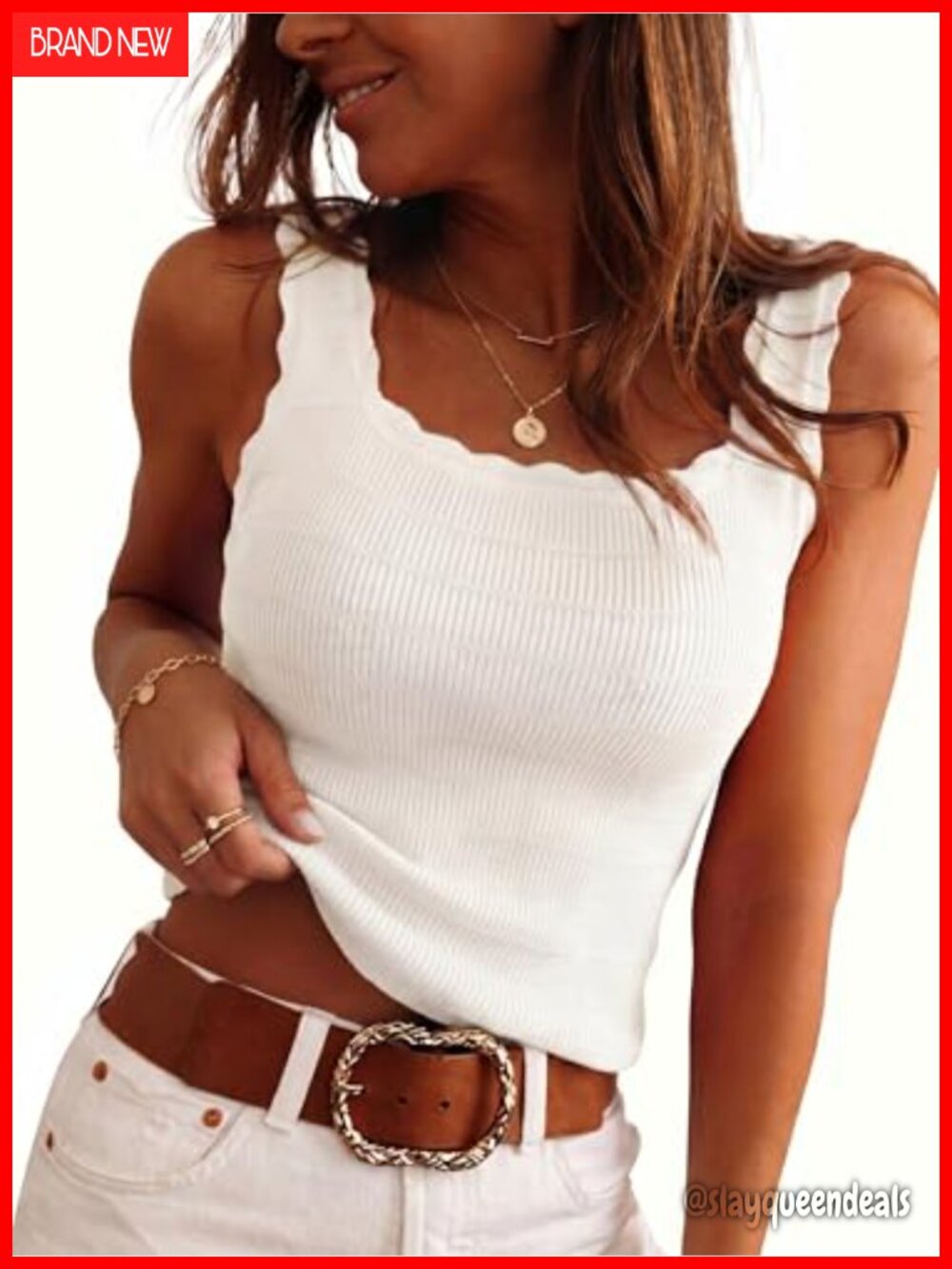 Wool Blend Slim Fit Scalloped Edge Square Neck Sweater Tank